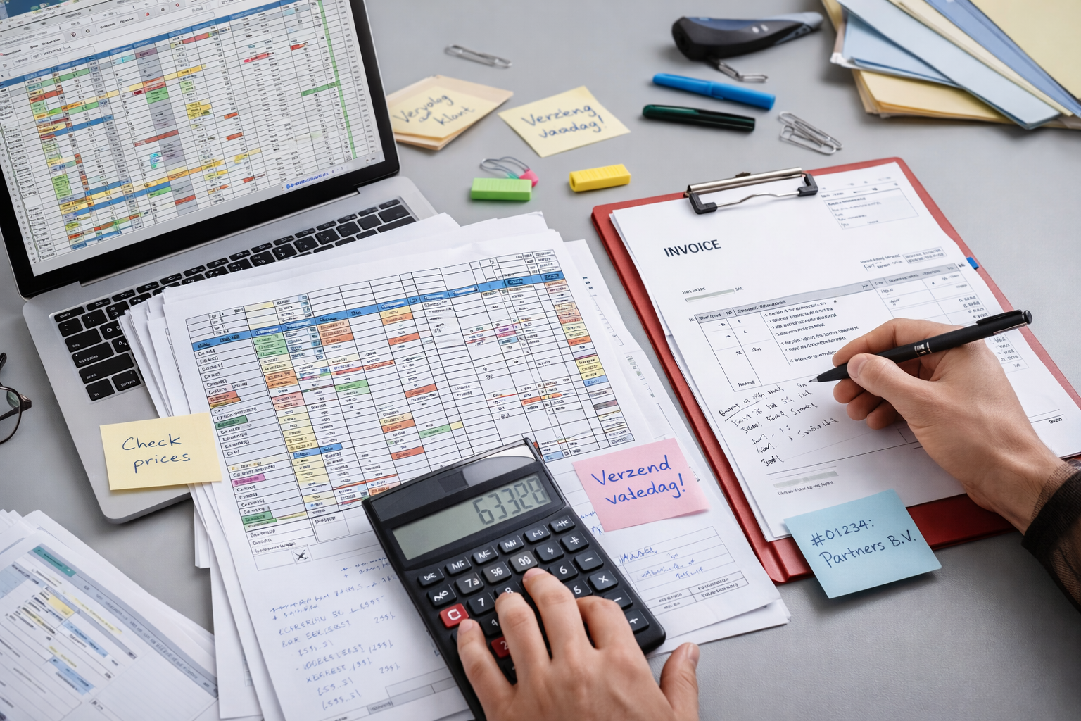 Rommelig bureau met spreadsheets, rekenmachine en papieren facturen